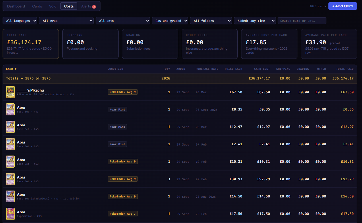 The Costs tab: the same filters as the Cards tab; boxes for Total paid, Shipping, Grading, Other costs, Average cost per card and Average paid per card (raw vs graded); then a table with Price each, Card cost, Shipping, Grading, Other and Total paid per card
