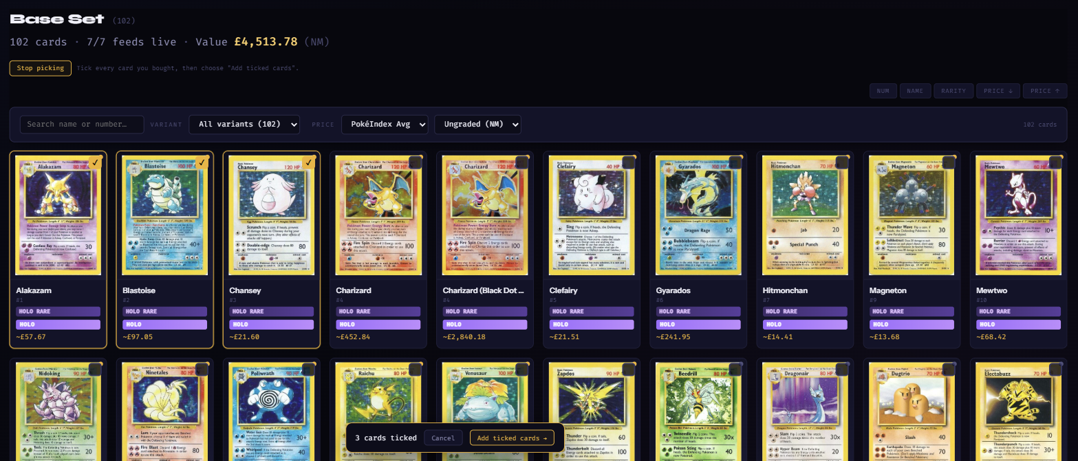 The Base Set grid in picking mode: Alakazam, Blastoise and Chansey ticked with gold outlines, every other tile showing an empty tick box, and a bar at the bottom reading 3 cards ticked · Cancel · Add ticked cards