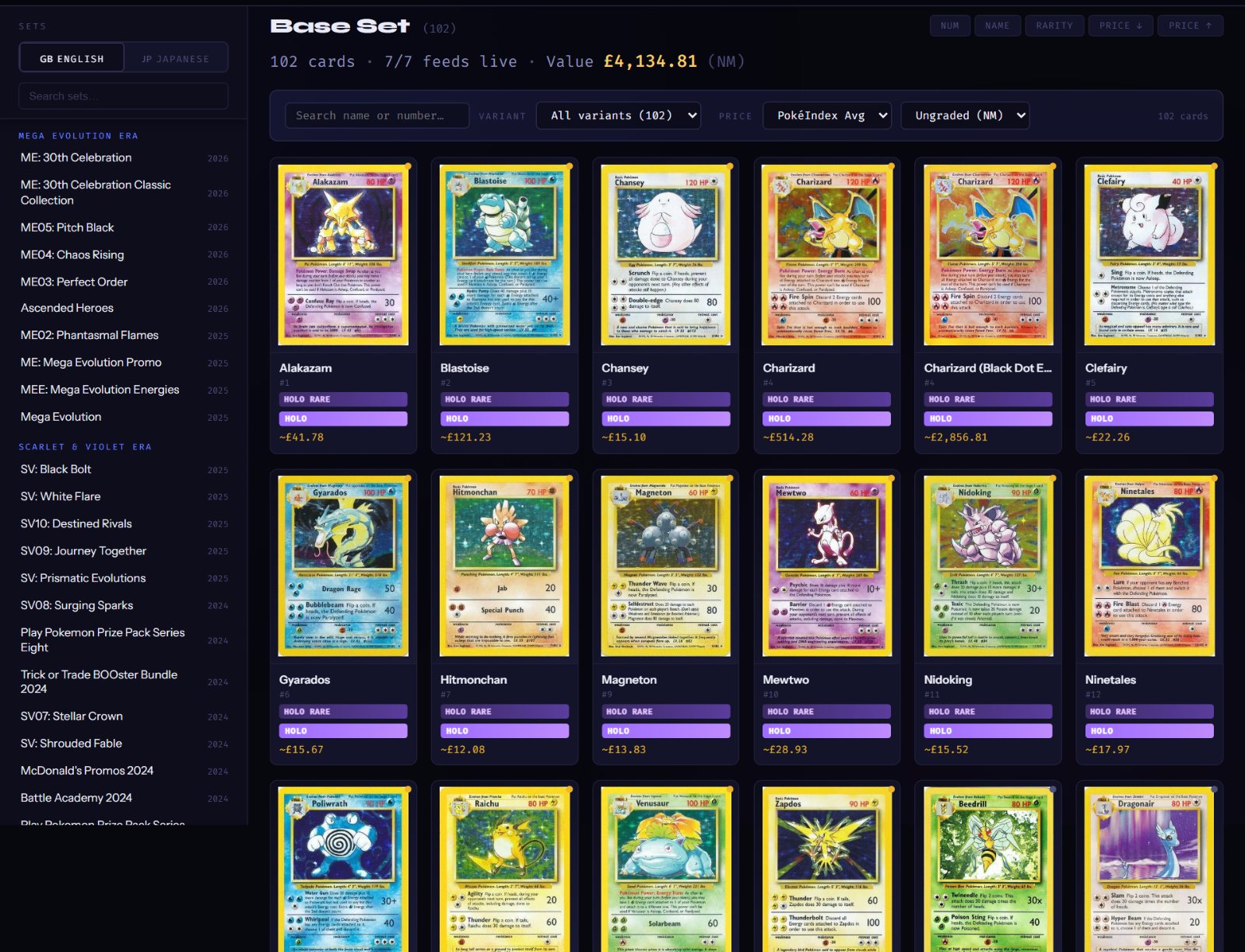 The Base Set page: the set sidebar on the left with the English/Japanese toggle and set search; on the right the set title with its stats line, the sort buttons, the search / variant / price filter bar, and the grid of card tiles with holo badges and prices